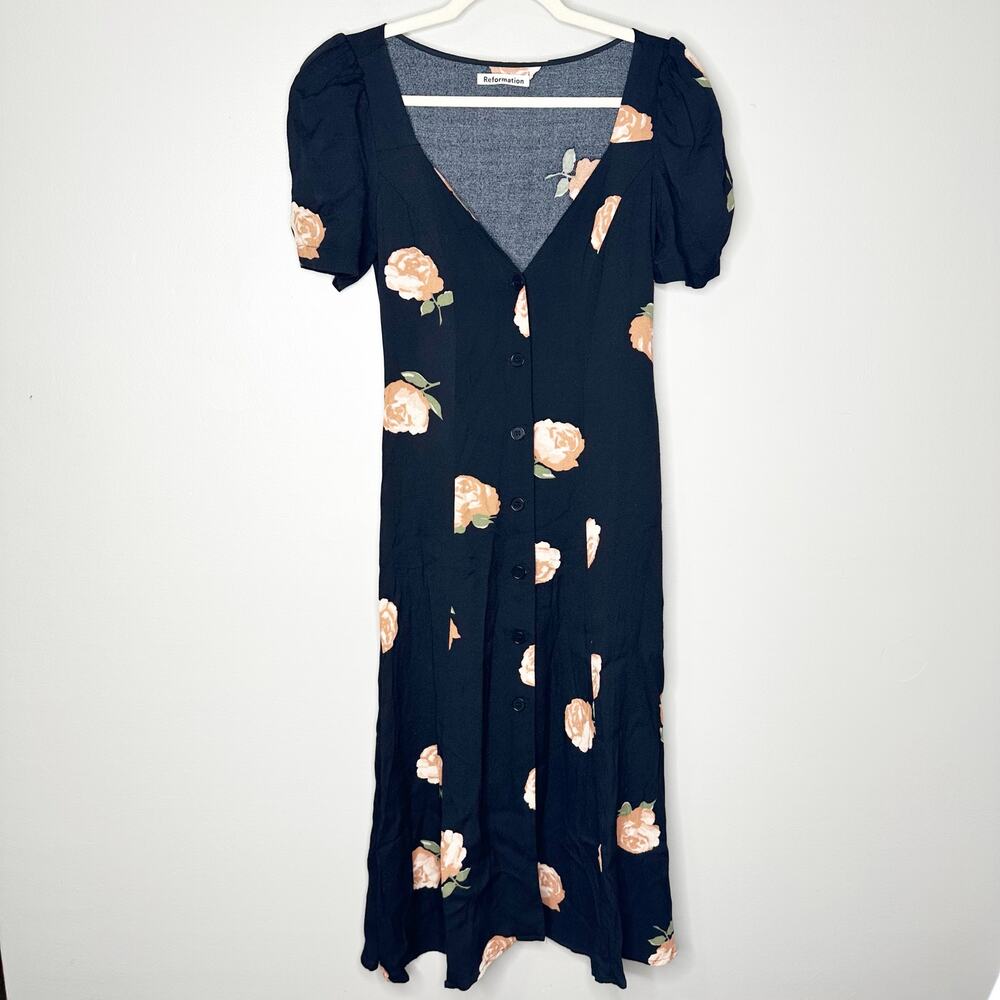 Reformation Britt Dress Midi Button-Up V-Neck Short Sleeve Floral Black Size 2